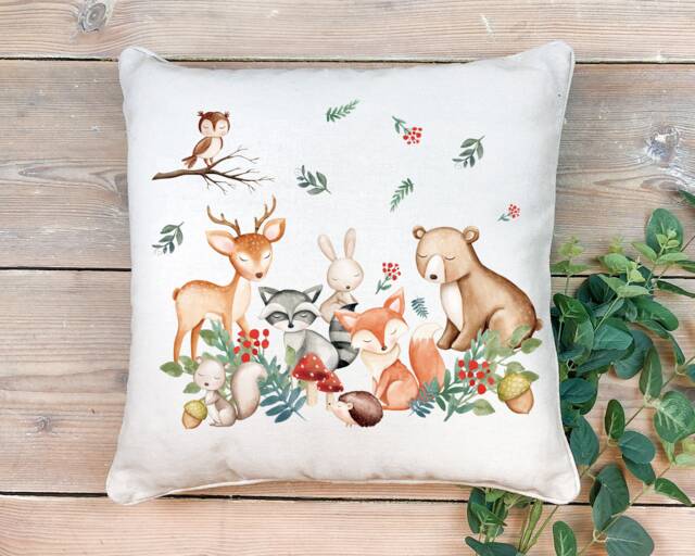 Woodland Cushion, Animals Scatter Room Decor, Forest Animals, Bear Hedgehog Bunny Owl Deer Fox - image 1