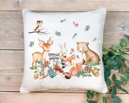 Woodland Cushion, Animals Scatter Room Decor, Forest Animals, Bear Hedgehog Bunny Owl Deer Fox - thumbnail 1