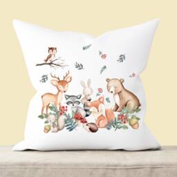 Woodland Cushion, Animals Scatter Room Decor, Forest Animals, Bear Hedgehog Bunny Owl Deer Fox - thumbnail 2