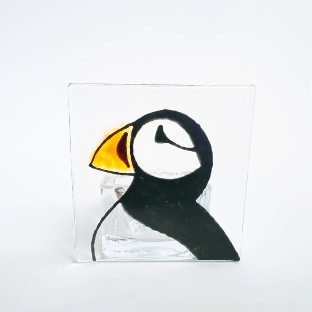 Small Puffin Portrait Fused Glass Candle Holder