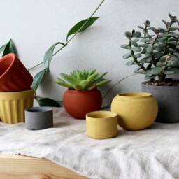 Terracotta Yellow Concrete Planter - Handmade Minimalist Sphere Pot - thumbnail 4
