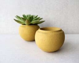 Terracotta Yellow Concrete Planter - Handmade Minimalist Sphere Pot