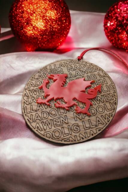 Welsh Dragon Christmas Bauble Nadolig Llawen Wood & Red Acrylic - image 1