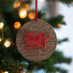 Welsh Dragon Christmas Bauble Nadolig Llawen Wood & Red Acrylic - thumbnail 3