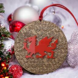 Welsh Dragon Christmas Bauble Nadolig Llawen Wood & Red Acrylic - thumbnail 2