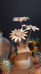 Hand-Carved Linden Wood Potted Flowers, Rustic Spring Decor - thumbnail 1
