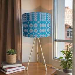 Teal Welsh Tapestry Lampshade Geometric Design, Handmade in Wales