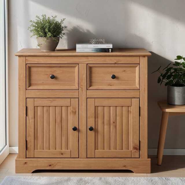 storage Cabinet Country Sideboard 2 Door Drawer, Solid Pine Rustic Finish - image 1