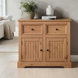 storage Cabinet Country Sideboard 2 Door Drawer, Solid Pine Rustic Finish - thumbnail 2