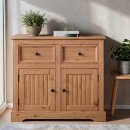 storage Cabinet Country Sideboard 2 Door Drawer, Solid Pine Rustic Finish - thumbnail 1
