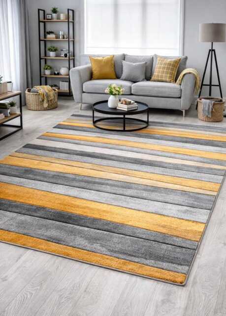 New Small Large Mustard Ochre Silver Grey Wave Design Area Rugs Mats - image 1