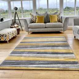 New Small Large Mustard Ochre Silver Grey Wave Design Area Rugs Mats - thumbnail 3