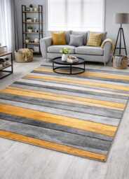 New Small Large Mustard Ochre Silver Grey Wave Design Area Rugs Mats - thumbnail 1