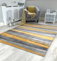 New Small Large Mustard Ochre Silver Grey Wave Design Area Rugs Mats - thumbnail 4