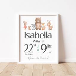 Personalised Print New Baby Gift - Woodland Animal Name For Newborn Boy Girl Childs Nursery Wall Art Decor - thumbnail 2