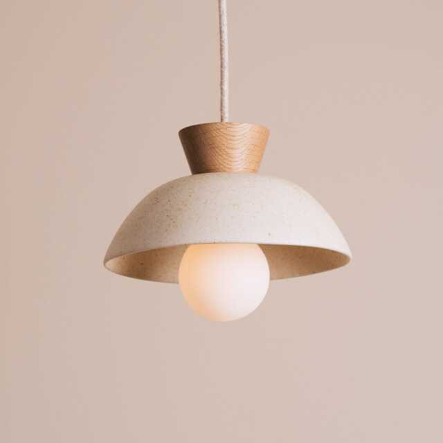 Speckled Cream Matt Small Dawn Pendant Light in Ceramic & Oak - image 1