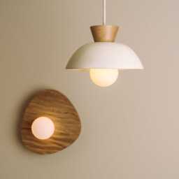 Speckled Cream Matt Small Dawn Pendant Light in Ceramic & Oak - thumbnail 2