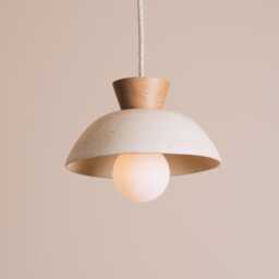 Speckled Cream Matt Small Dawn Pendant Light in Ceramic & Oak - thumbnail 1