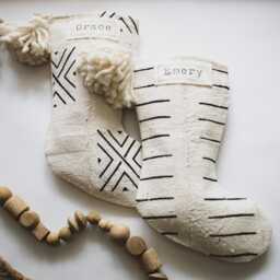 White & Black Christmas Stockings Personalized, Mud Cloth White, Modern Boho Holiday Decor, Neutral Family Mudcloth - thumbnail 4