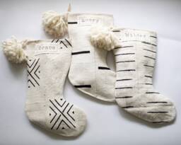 White & Black Christmas Stockings Personalized, Mud Cloth White, Modern Boho Holiday Decor, Neutral Family Mudcloth