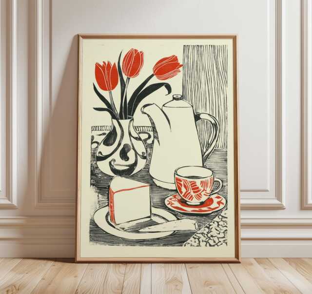Modern Kitchen Wall Art, Linocut Coffee Print, Bold Black & Red Still Life Poster, Minimalist Breakfast Artwork, Retro Cafe Decor - image 1