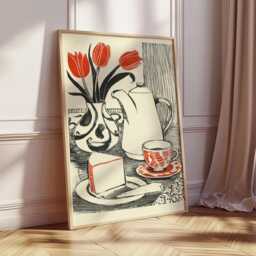 Modern Kitchen Wall Art, Linocut Coffee Print, Bold Black & Red Still Life Poster, Minimalist Breakfast Artwork, Retro Cafe Decor - thumbnail 2