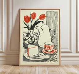Modern Kitchen Wall Art, Linocut Coffee Print, Bold Black & Red Still Life Poster, Minimalist Breakfast Artwork, Retro Cafe Decor - thumbnail 1