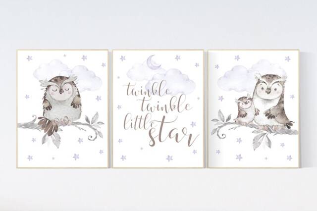 Owl Nursery Decor Purple Lilac Watercolor Prints - image 1