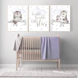 Owl Nursery Decor Purple Lilac Watercolor Prints - thumbnail 2