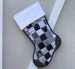 Black & White Quilted Christmas Stocking, Personalized Free, Flannel Cuff With Jingle Bells, Cotton Patchwork, Fully Lined, Large Size