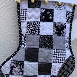 Black & White Quilted Christmas Stocking, Personalized Free, Flannel Cuff With Jingle Bells, Cotton Patchwork, Fully Lined, Large Size - thumbnail 2