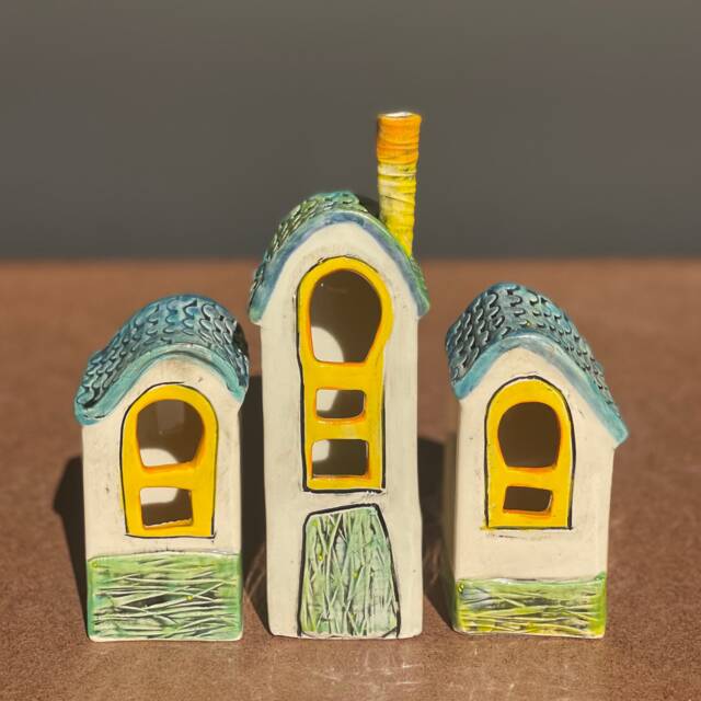 Handmade Ceramic House Lanterns Pottery Village Home Decor - image 1