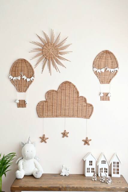 Wicker Nursery Wall Decor Celestial Sun, Cloud, Hot Air Balloons Set - image 1