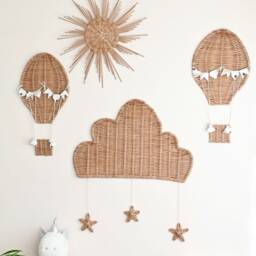 Wicker Nursery Wall Decor Celestial Sun, Cloud, Hot Air Balloons Set - thumbnail 4