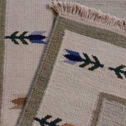 Handwoven Wool Kilim Runner Rug - Scandinavian Floral Flatweave, Blue Green Ivory Beige - thumbnail 3