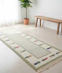 Handwoven Wool Kilim Runner Rug - Scandinavian Floral Flatweave, Blue Green Ivory Beige - thumbnail 1