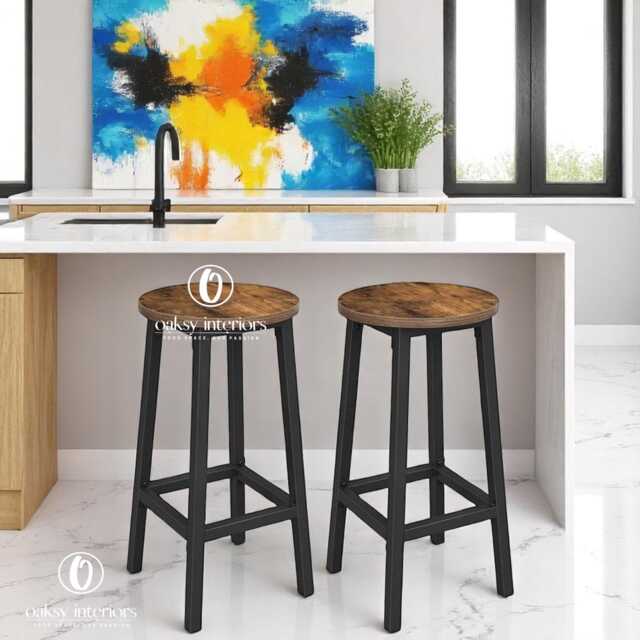 Bar Stools Set Of 2 Rustic Industrial Kitchen Counter Height Chairs Backless Wood Seat Metal Frame Breakfast Tall Stool - image 1