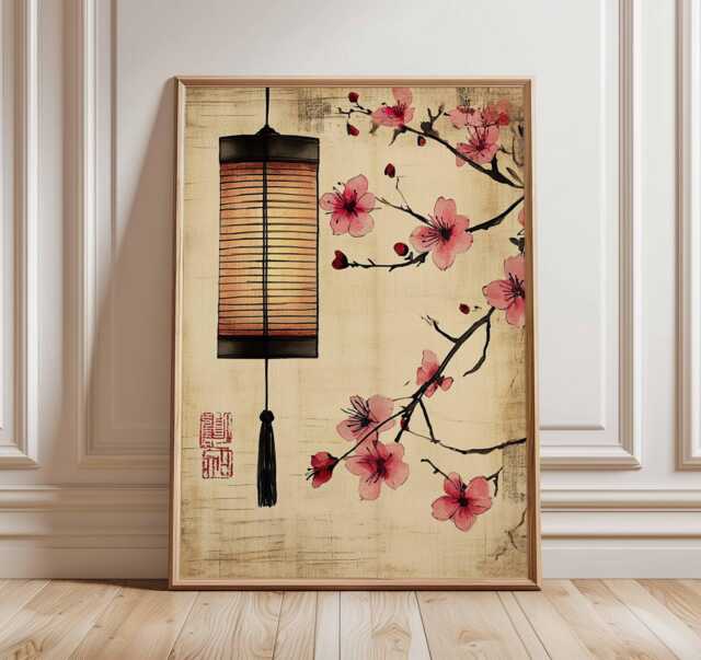 Japanese Lantern Poster, Cherry Blossom Wall Art Print, Wabi Sabi Asian Decor, Zen Minimalist Painting For Home Or Office - image 1