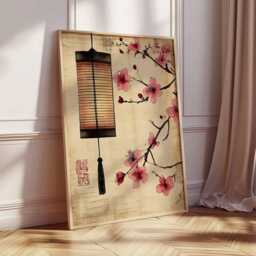 Japanese Lantern Poster, Cherry Blossom Wall Art Print, Wabi Sabi Asian Decor, Zen Minimalist Painting For Home Or Office - thumbnail 2