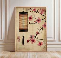 Japanese Lantern Poster, Cherry Blossom Wall Art Print, Wabi Sabi Asian Decor, Zen Minimalist Painting For Home Or Office - thumbnail 1