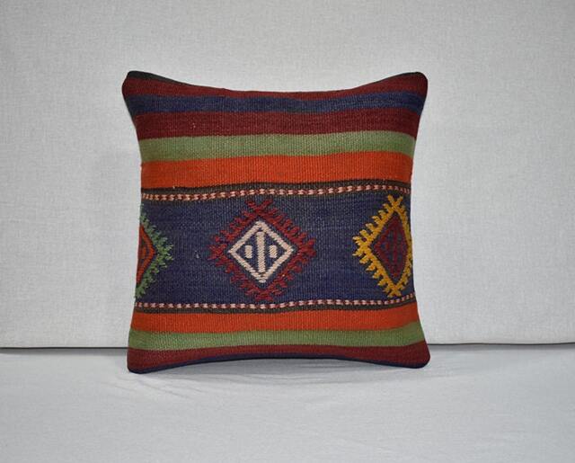 "Handwoven Turkish Kilim Pillow Cover Wool Home Decor - 16.1"" X 16.1" - image 1