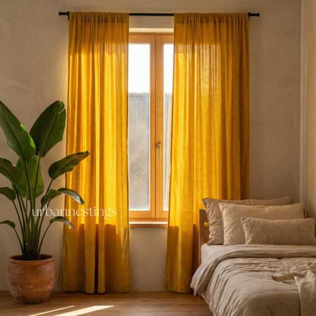 Mustard Velvet Curtain Panel Extra Wide Cotton, Top Ties & Rod Pocket - image 1