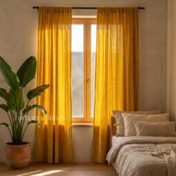 Mustard Velvet Curtain Panel Extra Wide Cotton, Top Ties & Rod Pocket - thumbnail 1