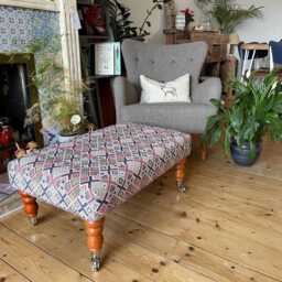 Geometric Footstool Castor Wheels, Large Ottoman, Patterned Fabric, Movable Foot Rest
