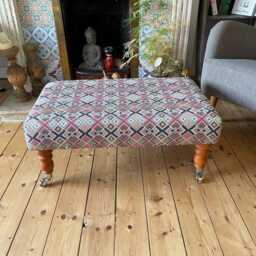 Geometric Footstool Castor Wheels, Large Ottoman, Patterned Fabric, Movable Foot Rest - thumbnail 2