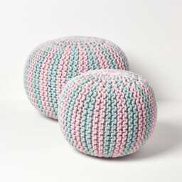 Luxury Handmade Knitted Striped Pouffe 100% Cotton Round Footstool Bean Filled