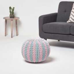 Luxury Handmade Knitted Striped Pouffe 100% Cotton Round Footstool Bean Filled - thumbnail 4
