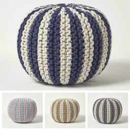 Luxury Handmade Knitted Striped Pouffe 100% Cotton Round Footstool Bean Filled - thumbnail 2