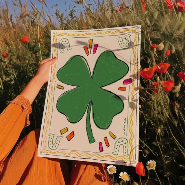 Clover Art Print, Retro Shamrock Illustration, Lucky Wall Decor - image 1