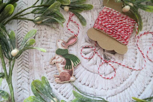Rabbit in Scarf Wooden Decoration/Woodland Animal Christmas Tree Ornament Winter Gift Holiday Stocking Filler - image 1
